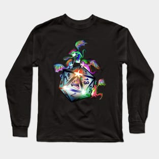 Cute tiny dragons looking into a glowing d20 dnd dice Long Sleeve T-Shirt